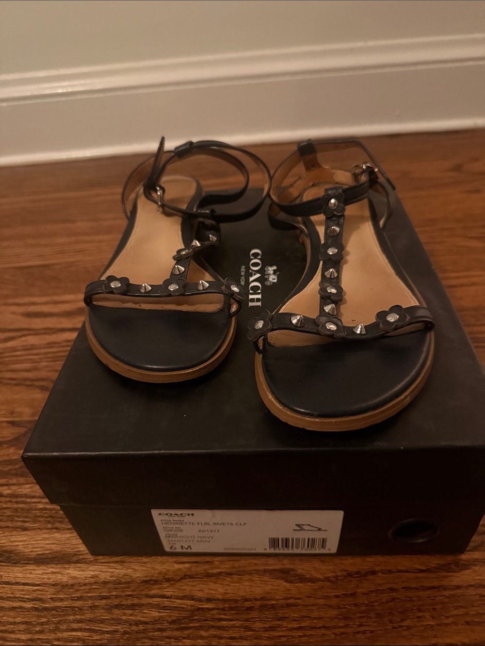 Coach Navy Studded T-Strap Sandals